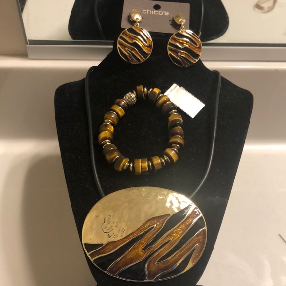 Chico’s Tiger pendant necklace/matching earrings & NWT Tigers eye bracelet set - Picture 8 of 8